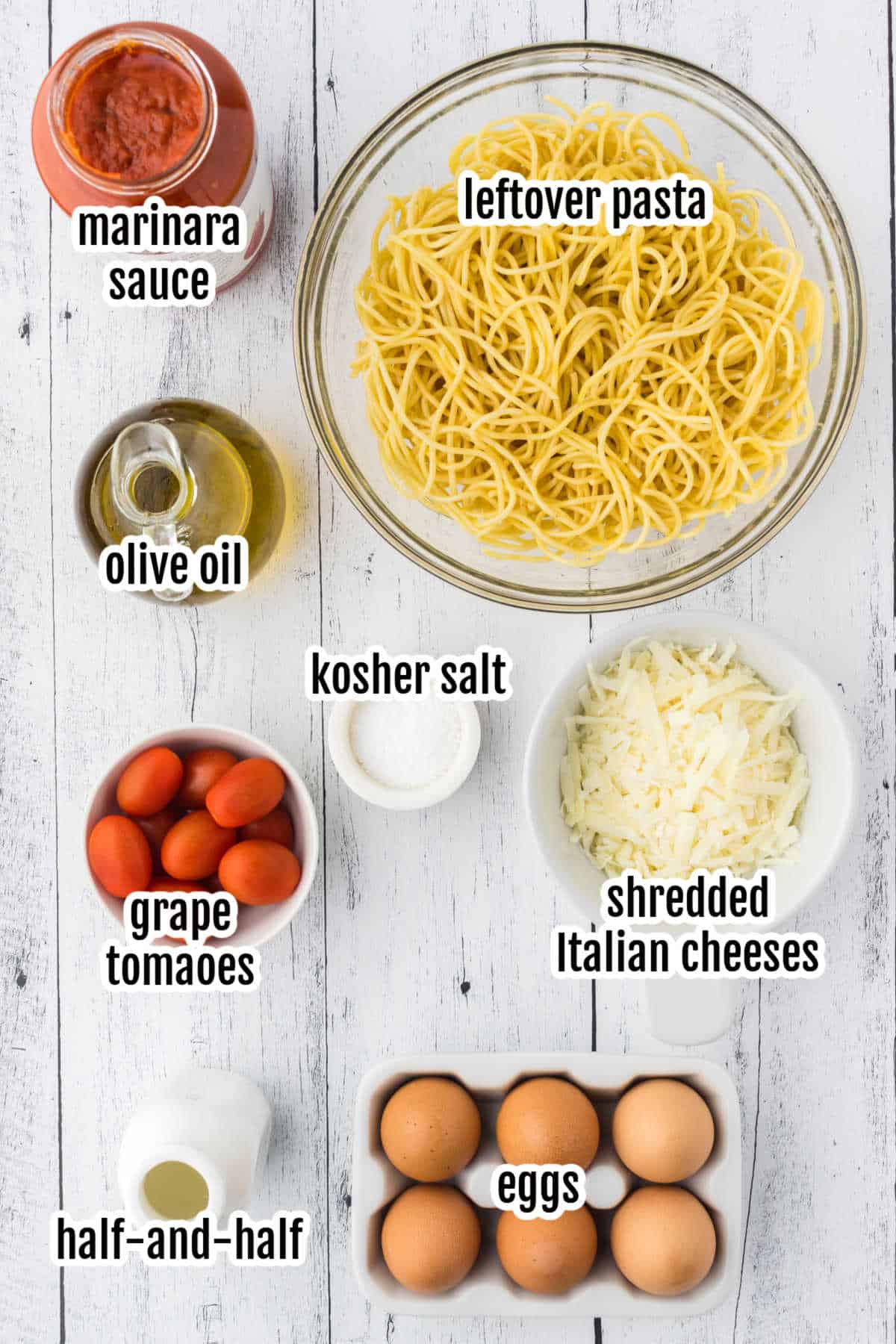 An image of the ingredients needed to make a leftover pasta frittata with grape tomatoes. 