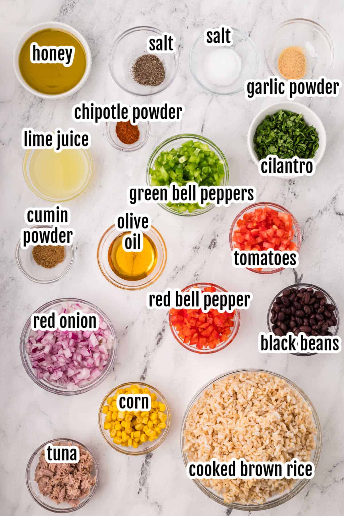 An image of the ingredients needed to make a Southwestern Rice Salad with Tuna. 