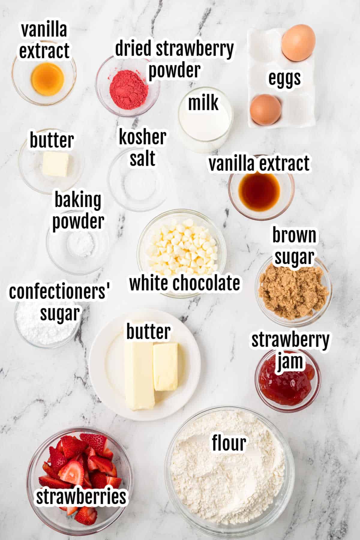 Image of the ingredients needed for the white chocolate blondies recipe with strawberries. 