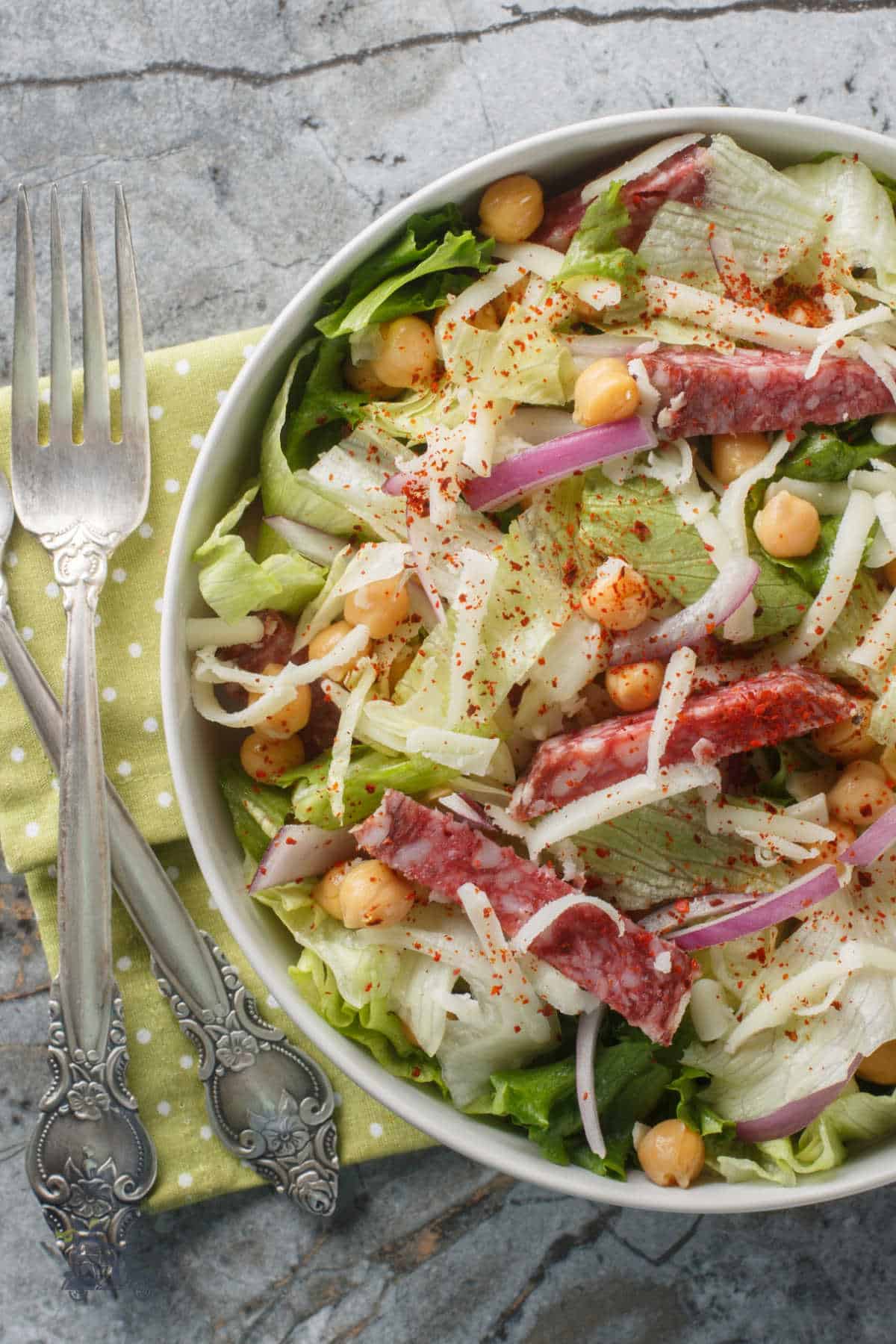 A variation of an Italian chopped salad recipe used as a side salad instead of a sandwich filling. 