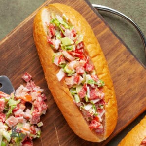 A Hoagie made with Italian Chopped salad filling.