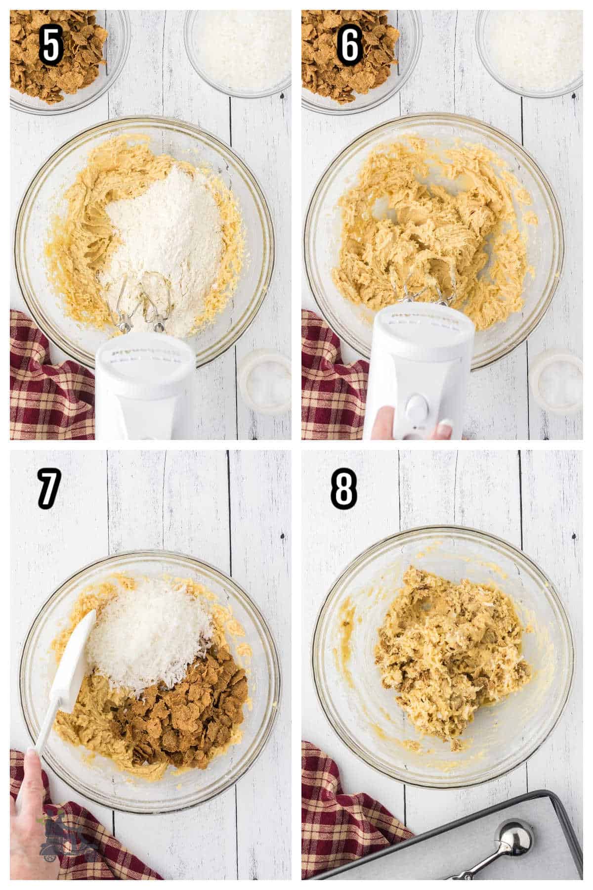 The second collage depicts steps five through eight of the bran coconut cookie recipe. 