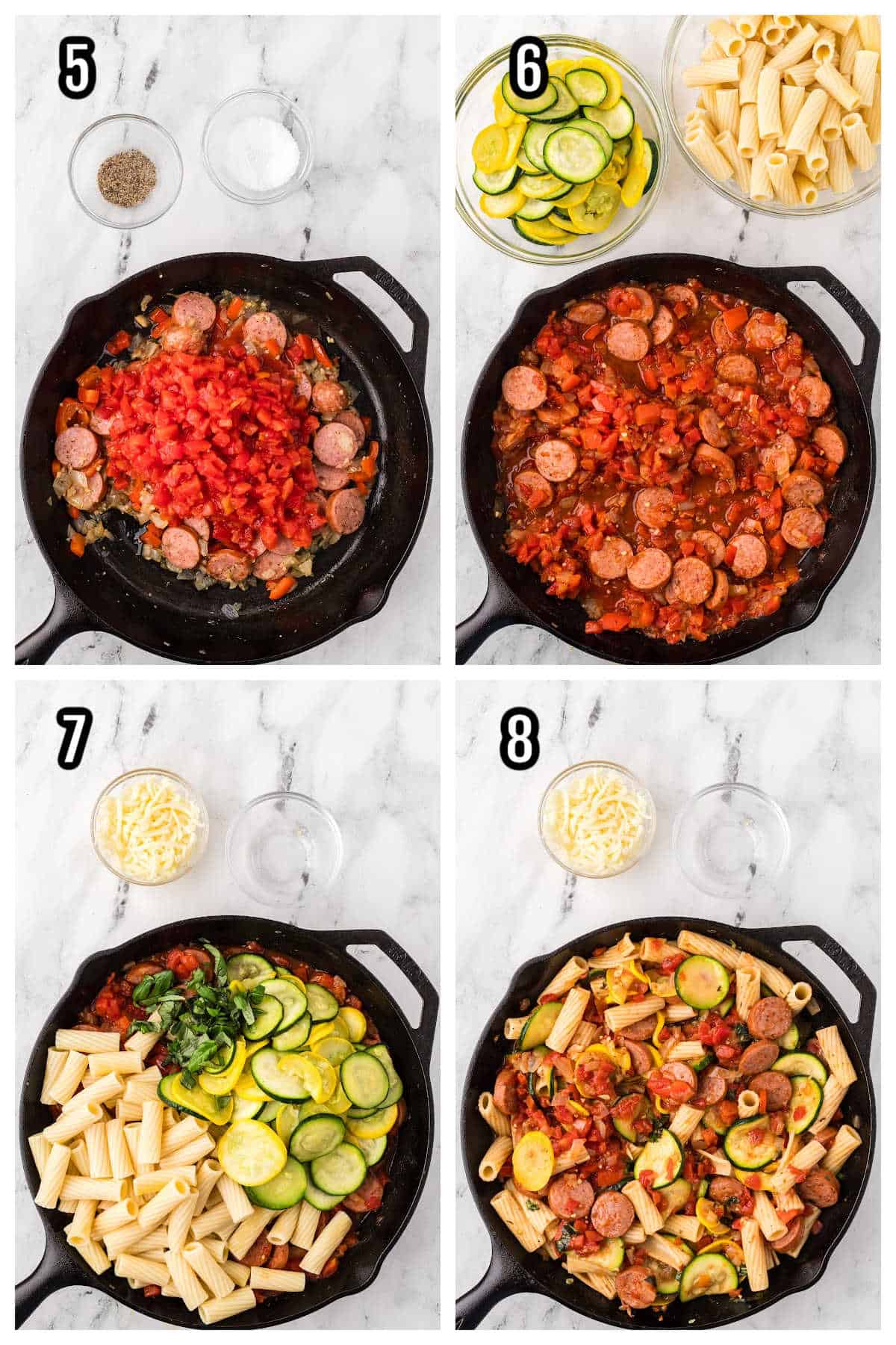 The second collage depicts steps five through eight to making the rigatoni pasta with vegetable recipe. 