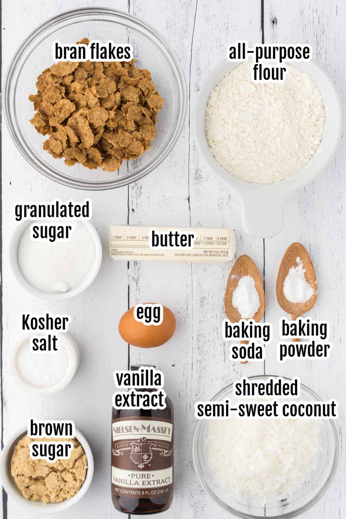 Ingredients needed to make the Bran Flake With Coconut Cookies recipe. 