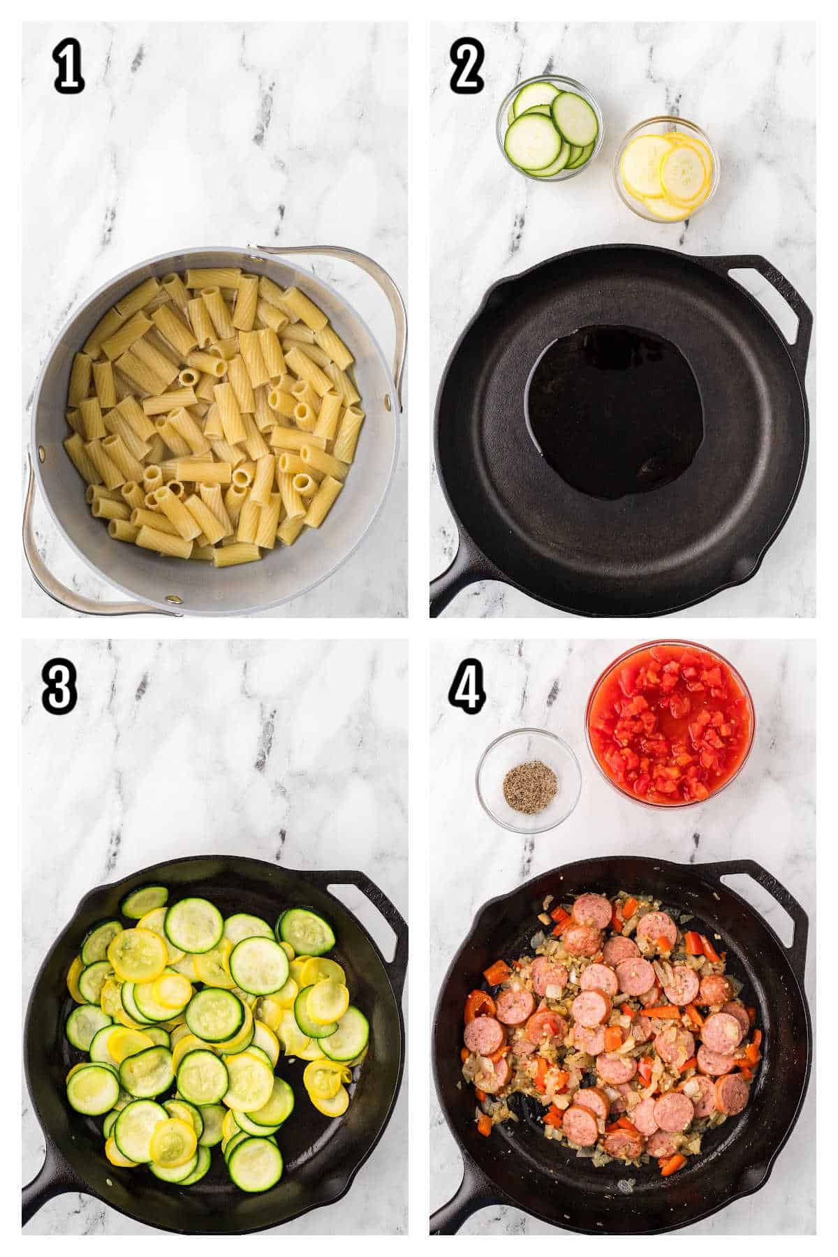 The first collage features the first four steps to making the Summer Estiva recipe based on the Amatriciana Estiva version. 