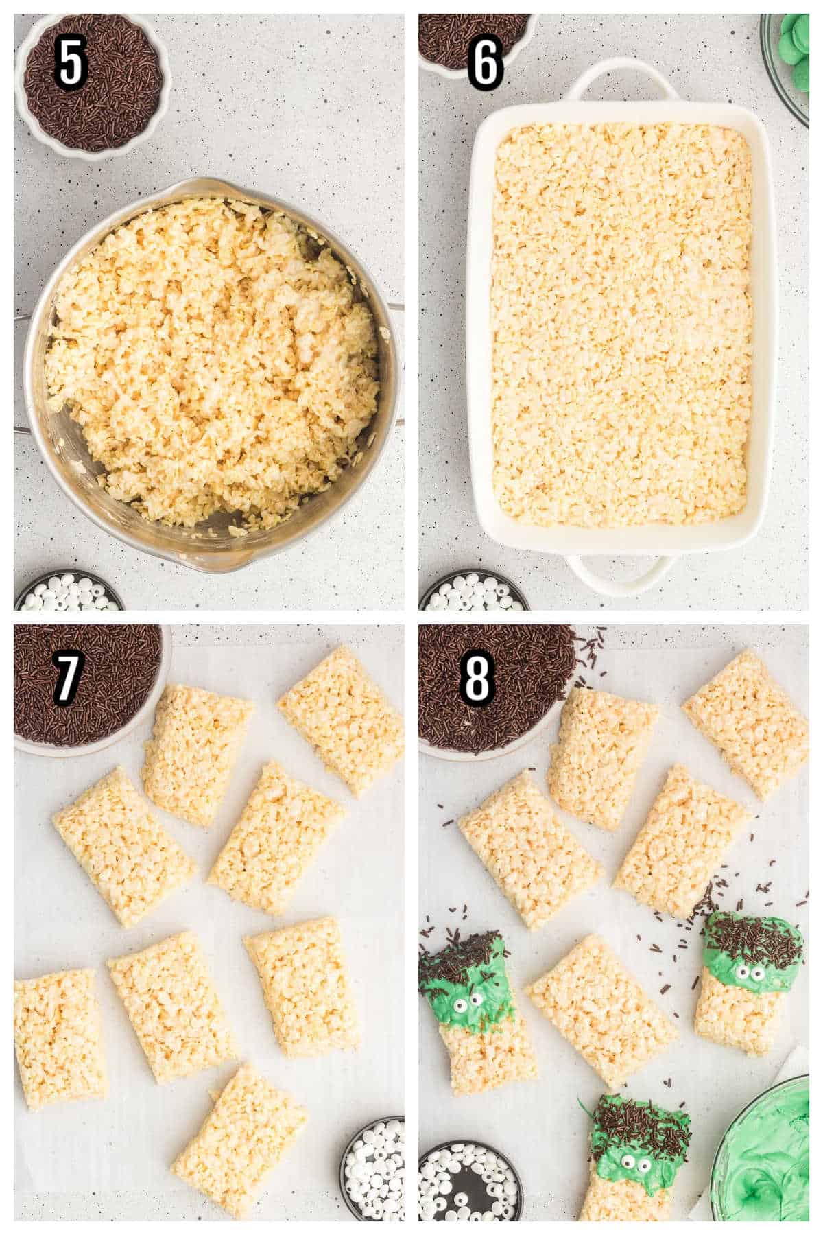 The second collage shows the last four steps to completing the Frankenstein Halloween treats. 