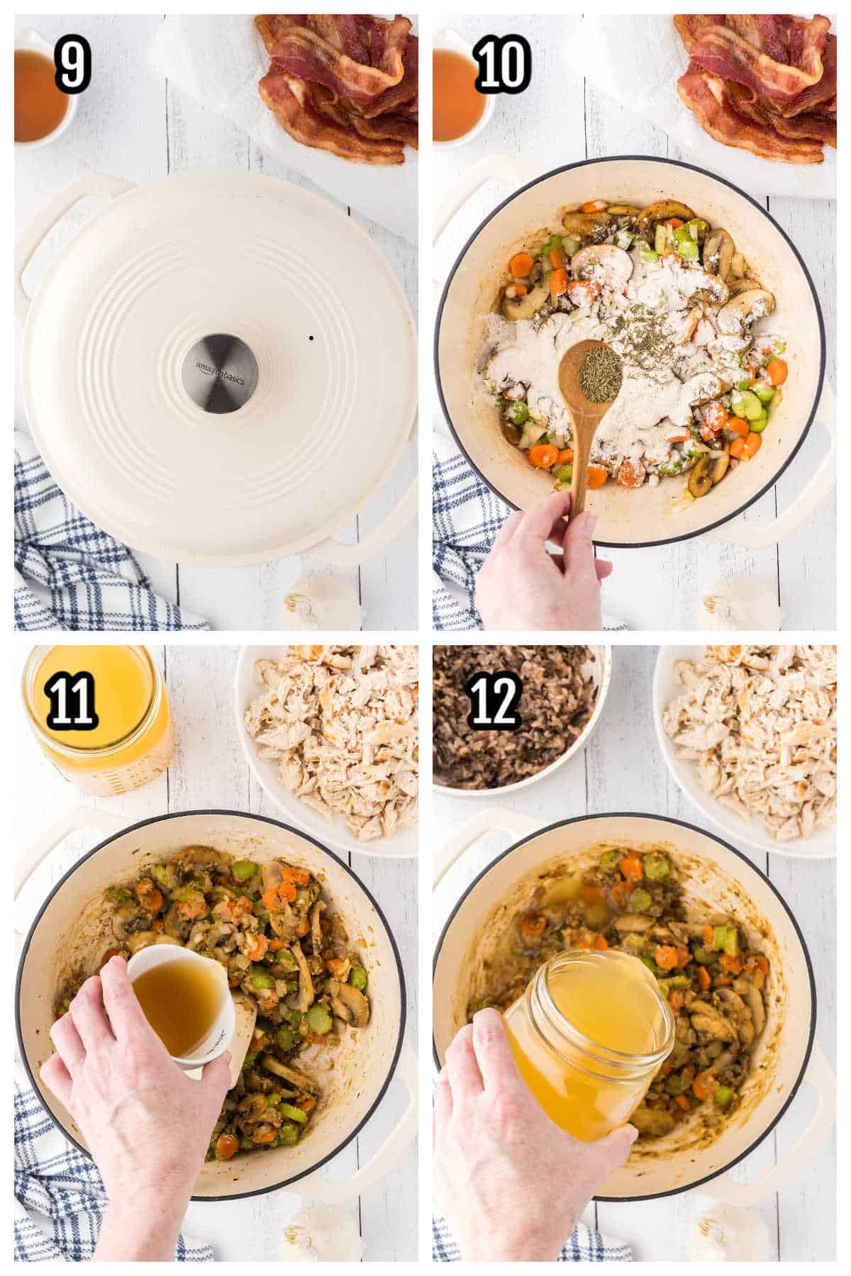 The third collage features steps nine through twelve to make the chicken wild rice soup. 