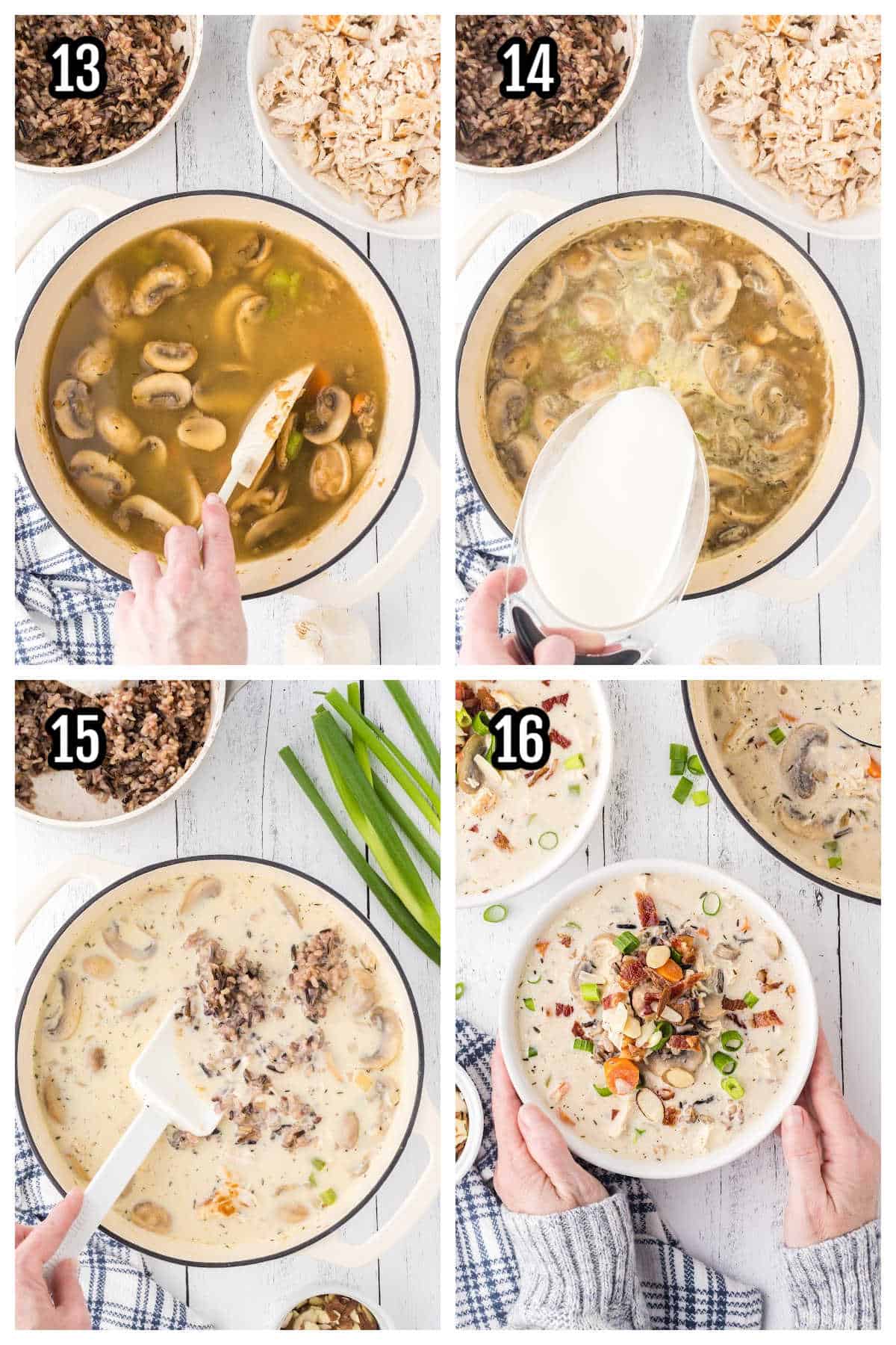 The fourth and final collage shows steps thirteen through sixteen to make and garnish the chicken wild rice soup. 