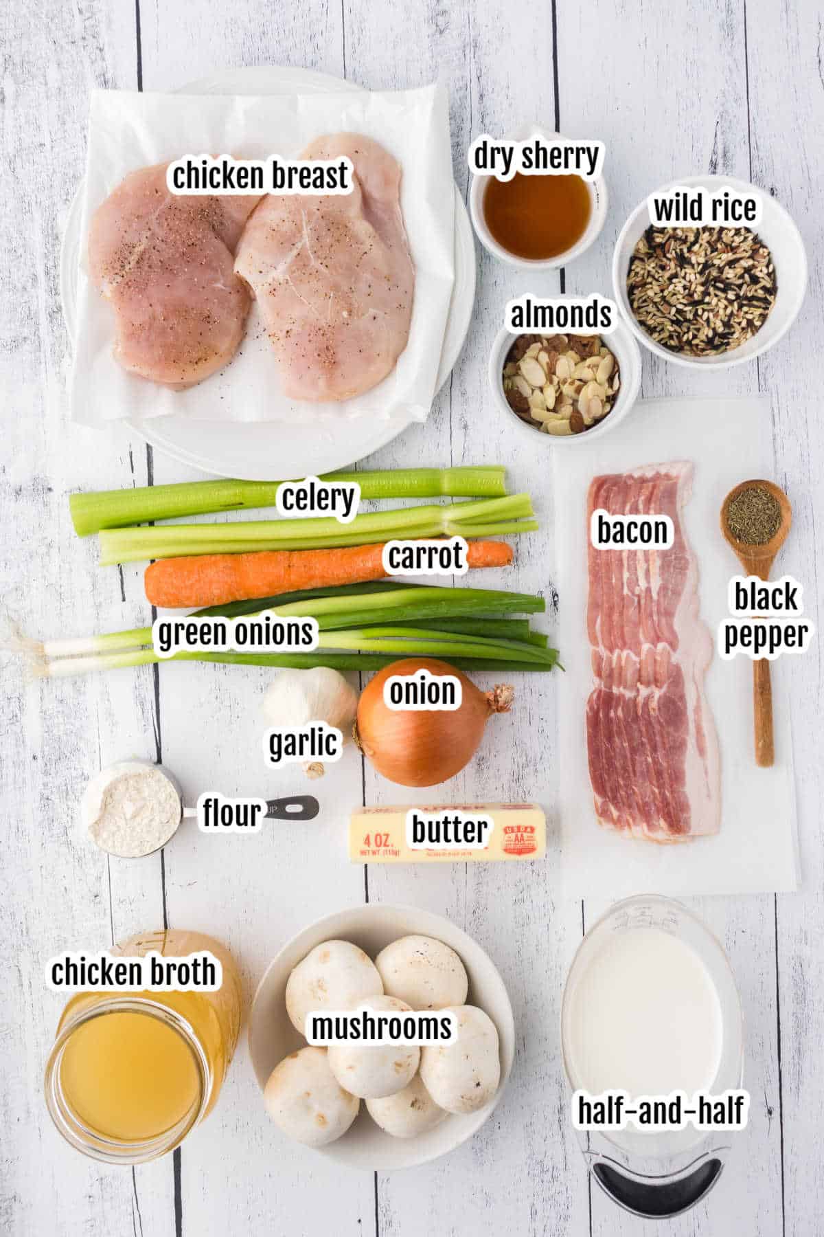 Image of the ingredients needed to make the wild rice soup with chicken and mushrooms. 