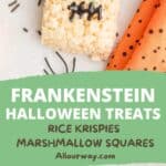 Pinterest collage with title overlay in green color featuring Frankenstein Rice Krispies Halloween treats.