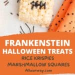 A Pinterest Collage with a title overlay features a Halloween orange background with the Frankenstein Halloween Rice Krispies Treats.