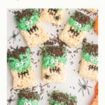 Pinterest share image with title overlay of the Halloween Rice Krispies treats in the shape of Frankenstein's head.