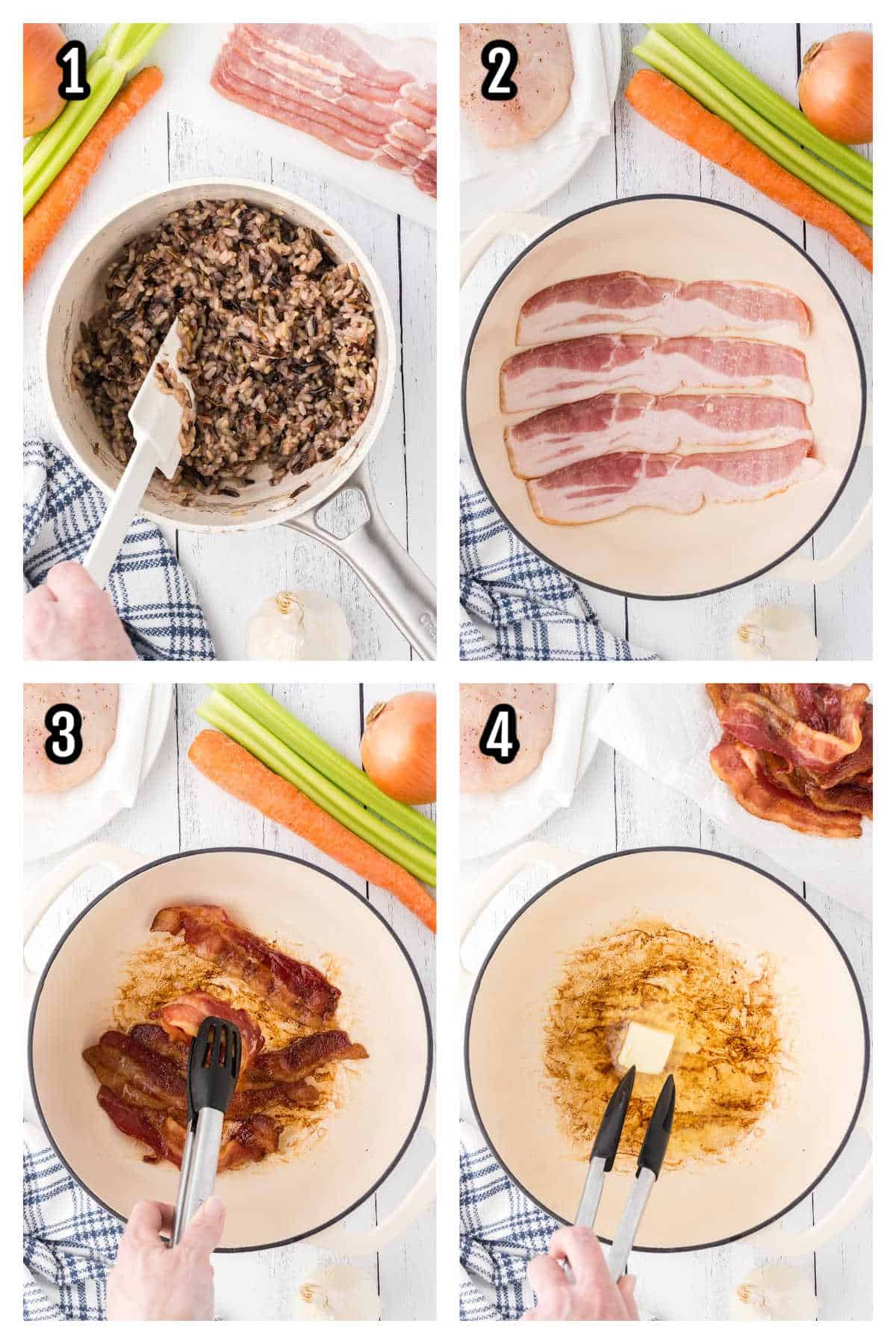 Image of the first four steps to making the wild rice soup with chicken and mushrooms recipe. 