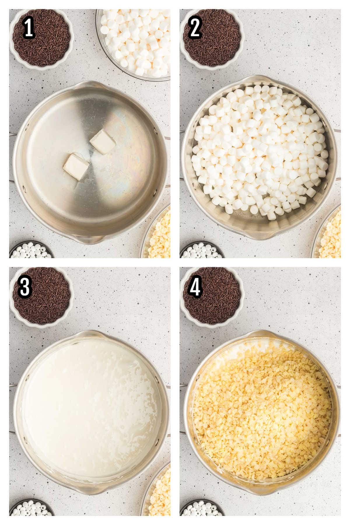 The first collage features four steps to making the Rice Krispie Halloween treats. 