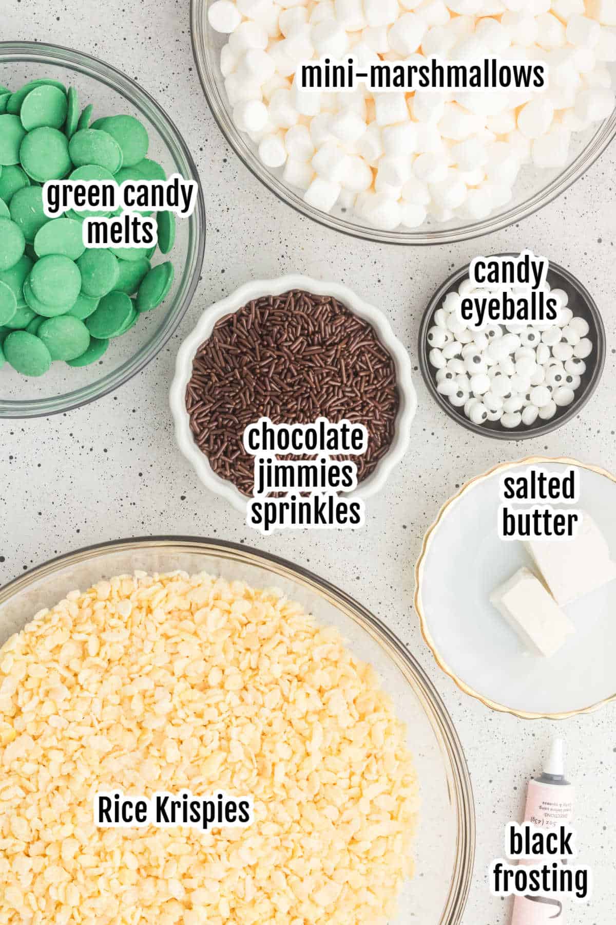 Image of the ingredients needed to make the Halloween Krispie Rice Treats in the shape of Frankenstein. 