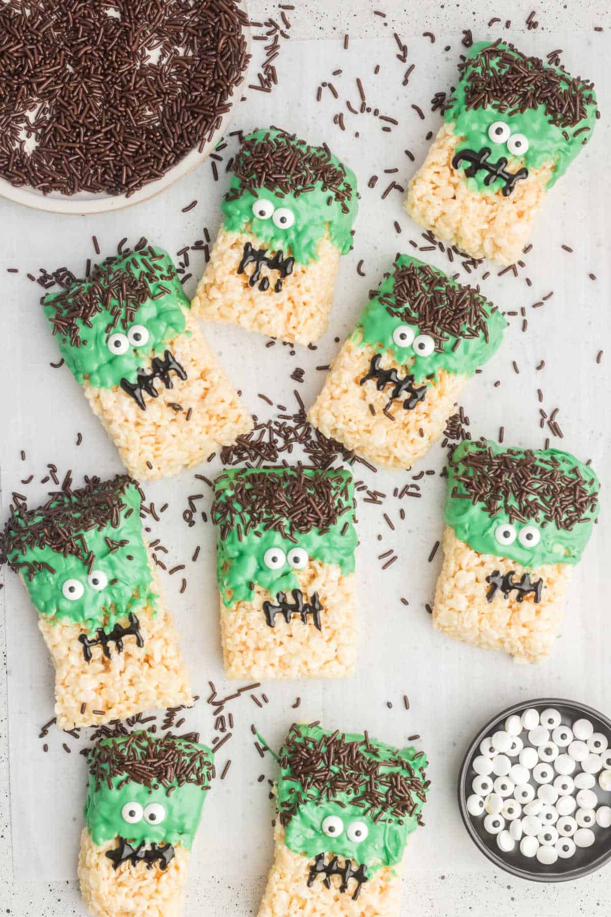 The Rice Krispie Bars are cut and decorated as spooky Frankensteins. 