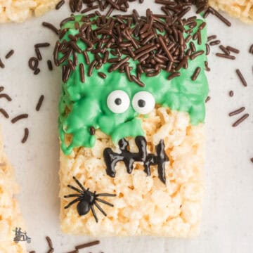 Halloween Rice Krispie Treat made in the shape of Frankenstein.