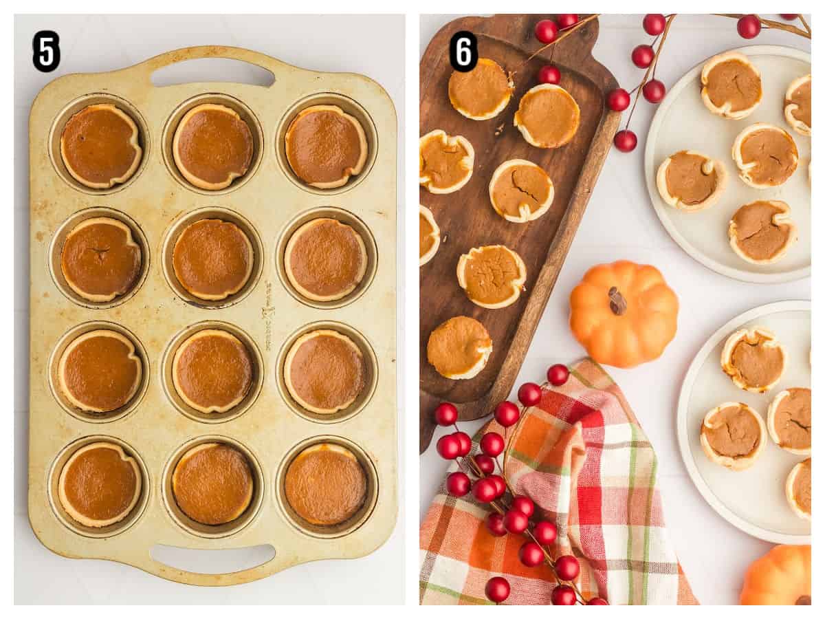 Two photo collage features the final two steps to baking the mini pumpkin pies. 