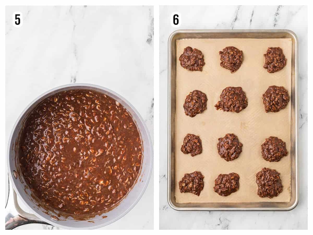 A second collage shows the final two steps in mixing the chocolate oatmeal cookies and forming them on a parchment-lined cookie sheet. 