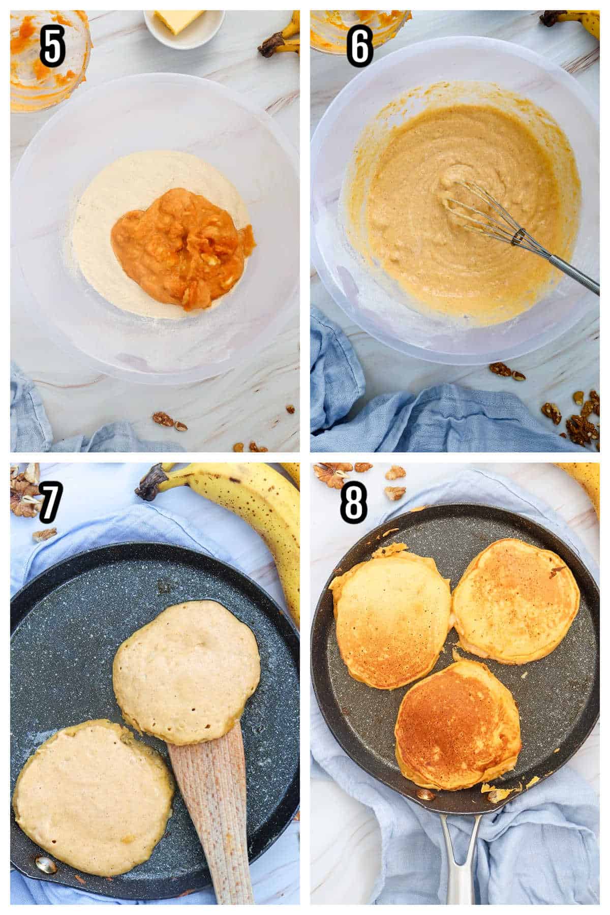 The second collage features steps five through eight, which show the final preparation of the banana pumpkin pancakes. 