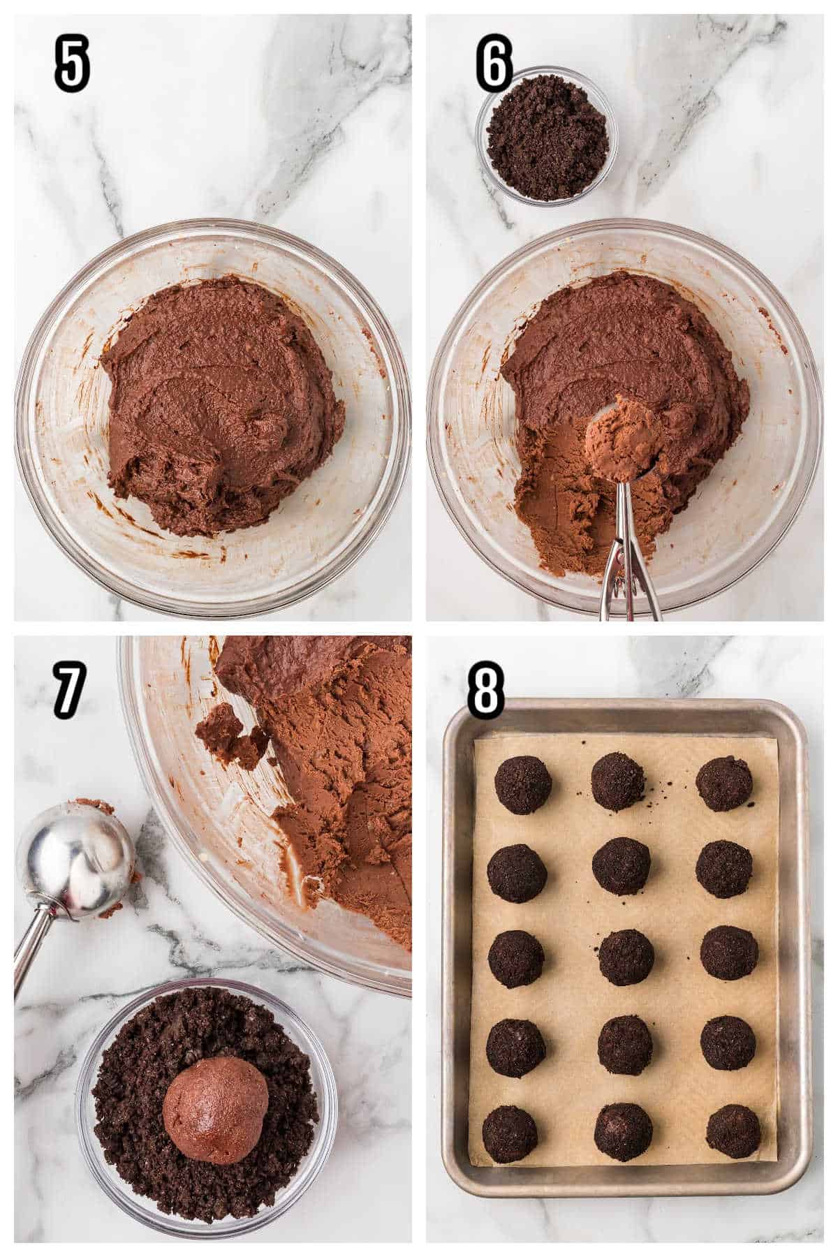 The second collage features steps five through eight to complete the no-bake chocolate rum balls covered in crushed Oreo cookie crumbs. 