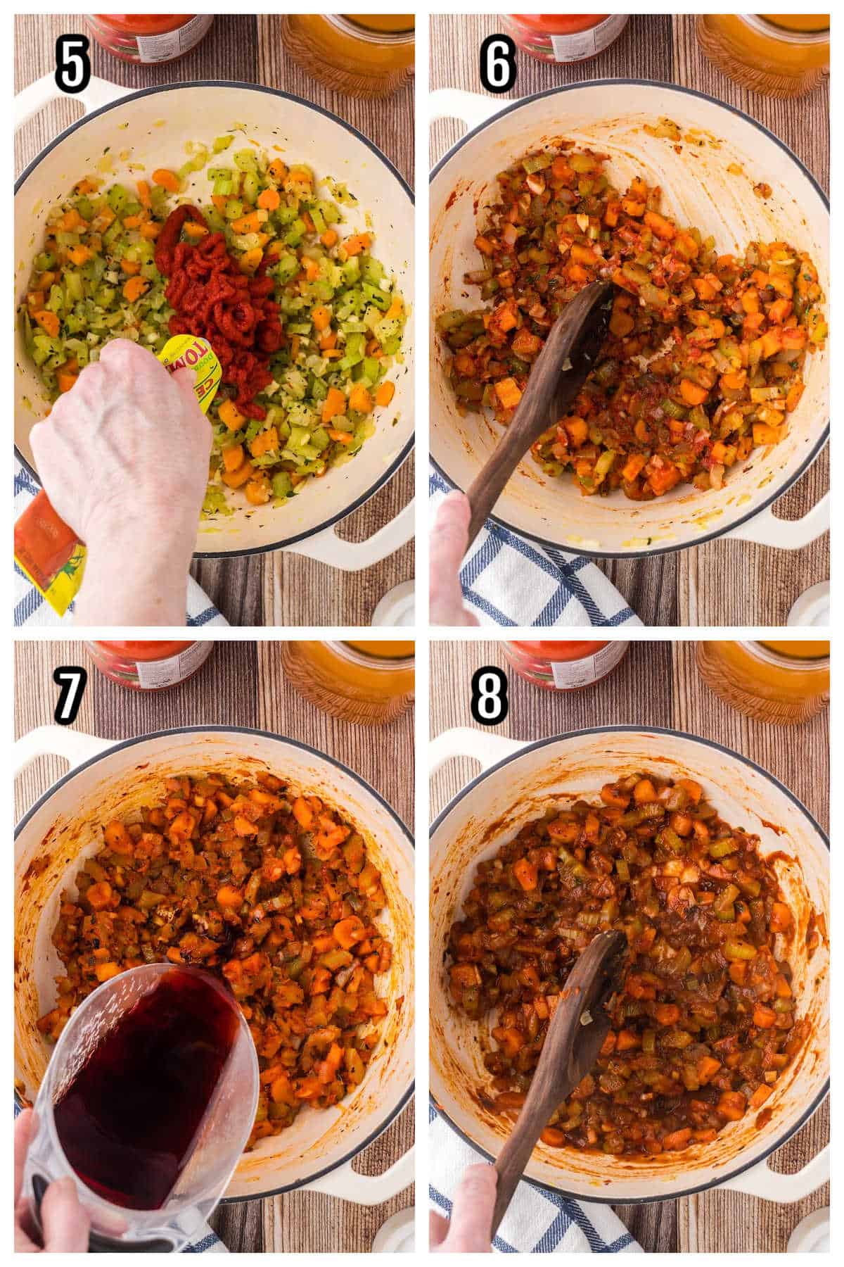 This second collage shows steps four through eight in preparing the meatless Tuscan ragù using red lentils. 