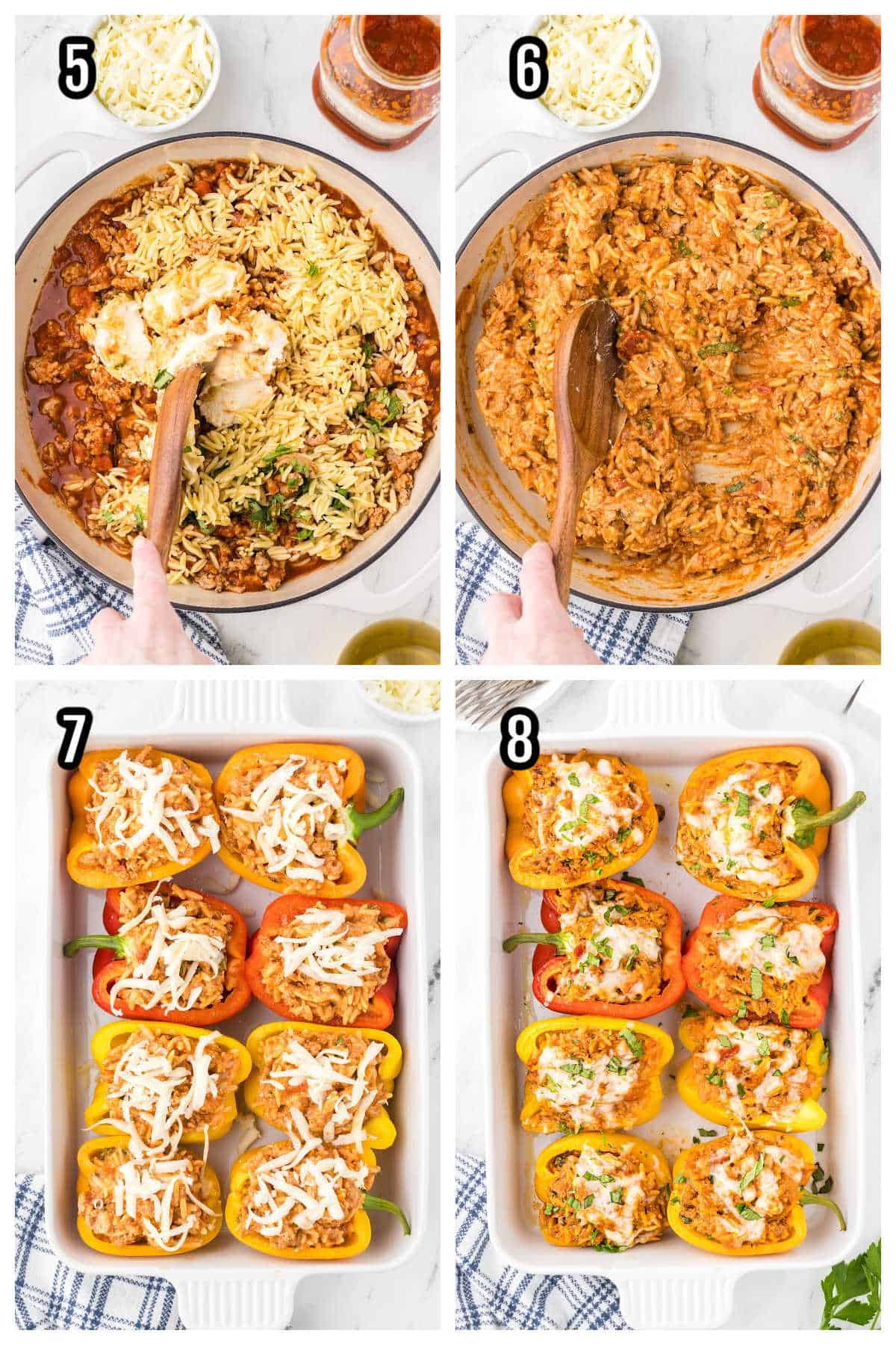 The second collage features steps five through eight of the Orzo Stuffed Bell Pepper Recipe. 