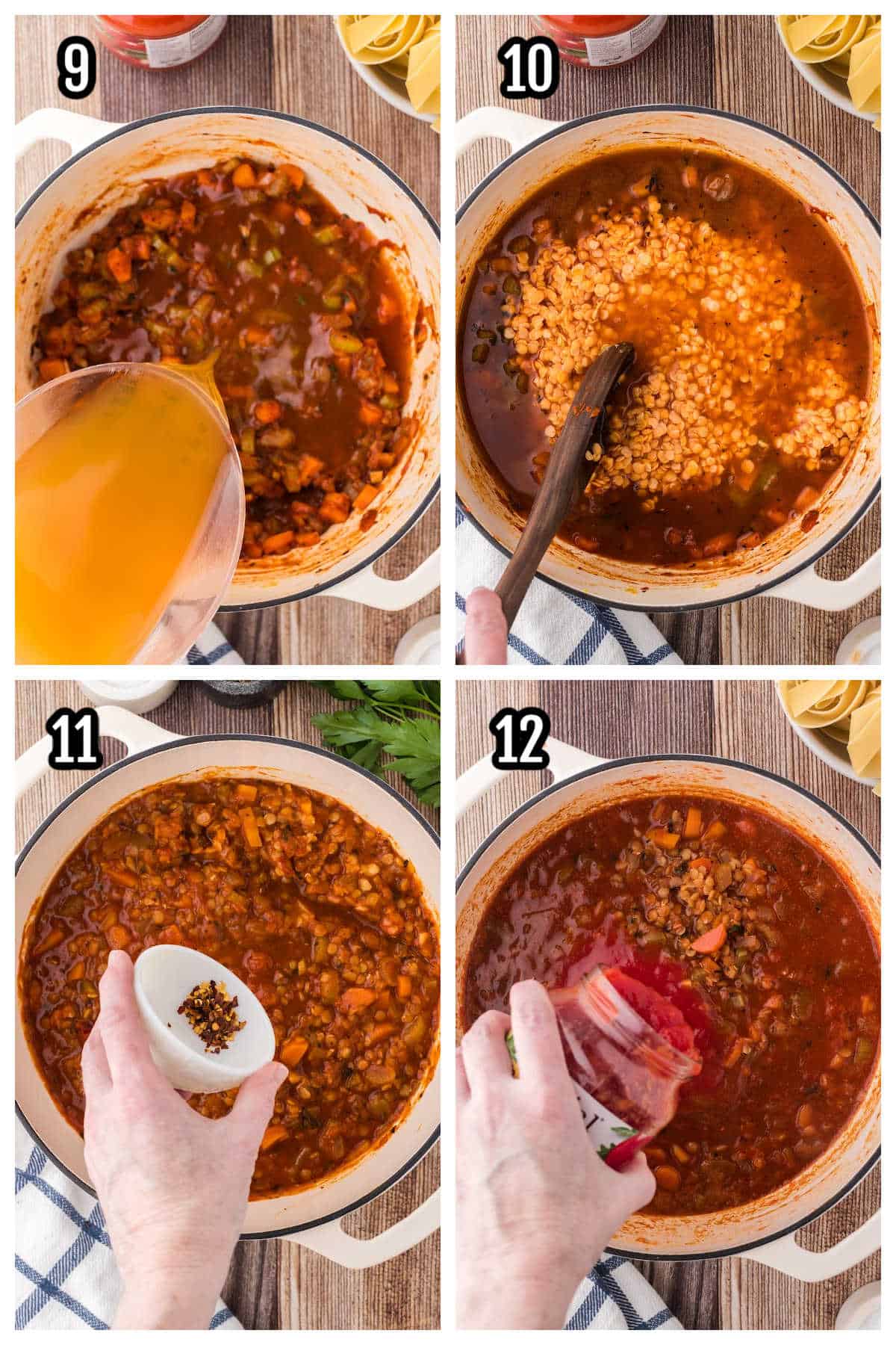 The third collage shows steps nine through twelve in preparing the vegetarian pasta sauce using lentils. 