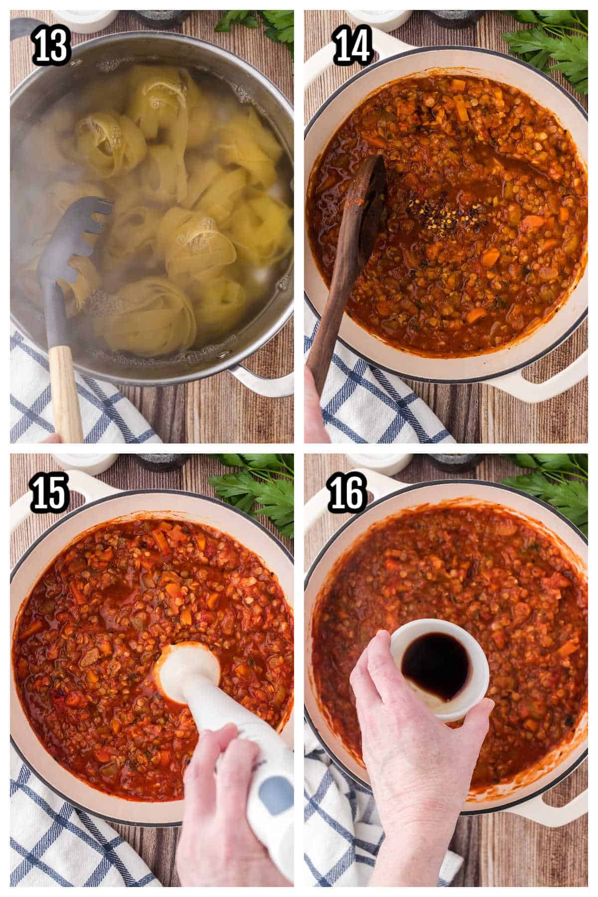 The fourth collage gives steps thirteen through sixteen in preparing the recipe for the Tuscan meatless ragù. 