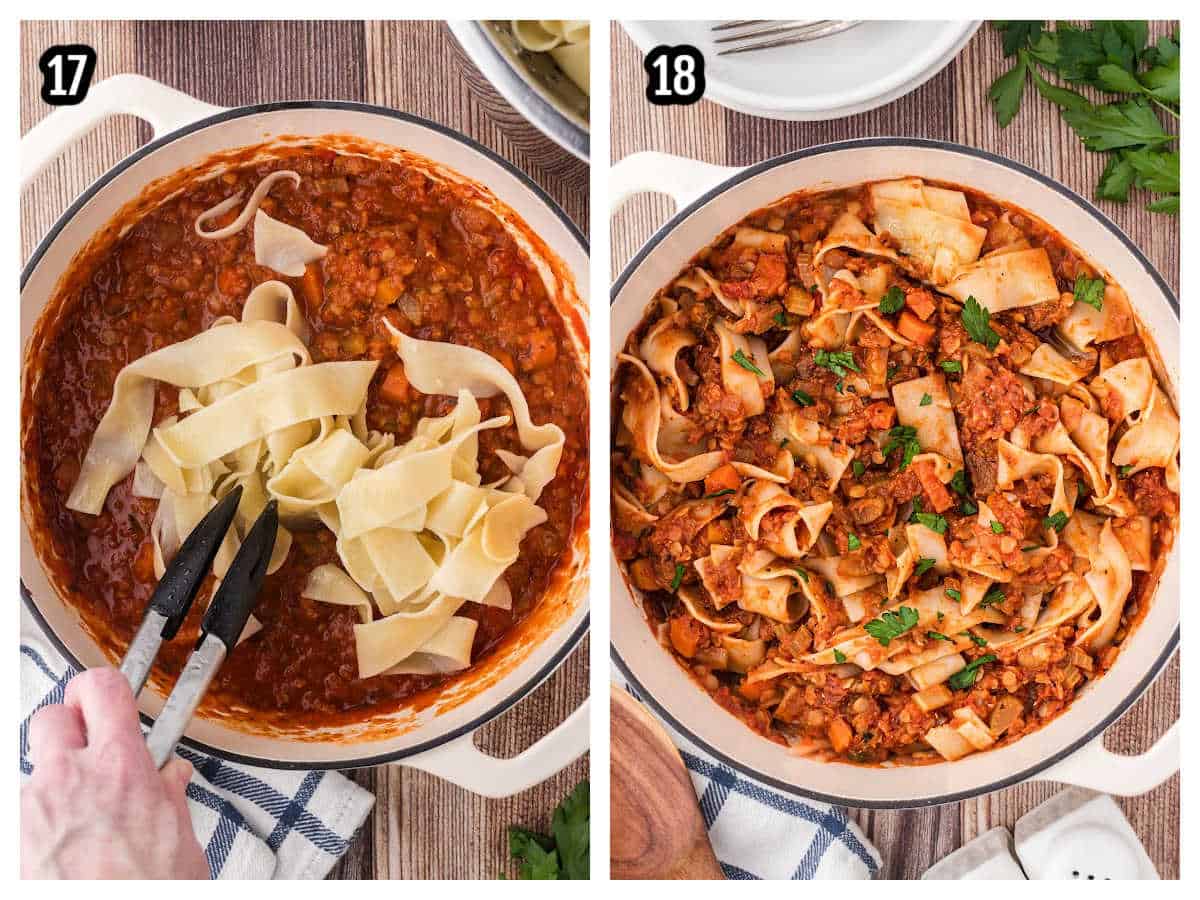 The fifth collage shows the final two steps in adding the pappardelle pasta to the sauce and finishing the dish. 