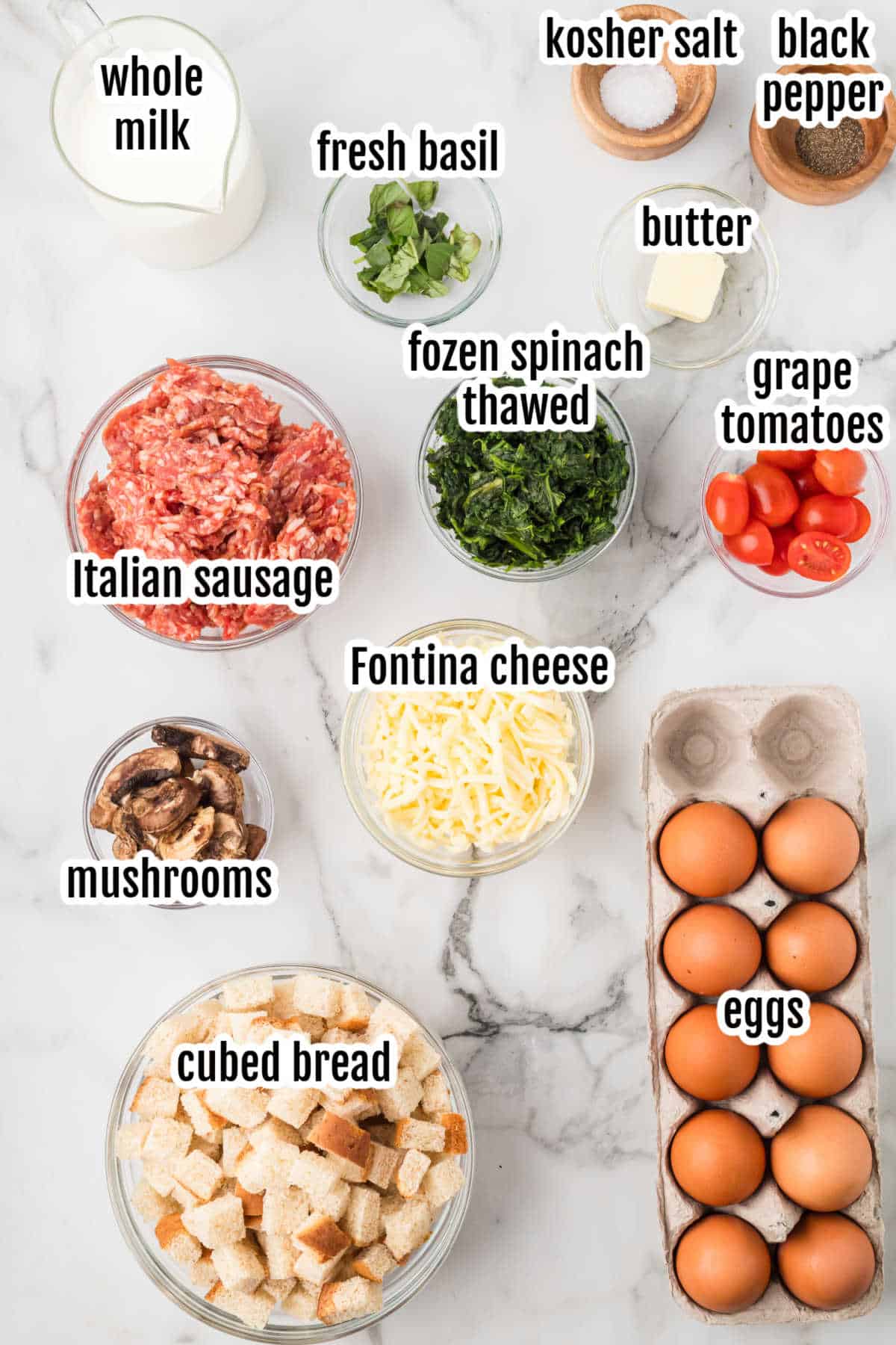 Image of the ingredients needed to make the sausage strata breakfast casserole. 