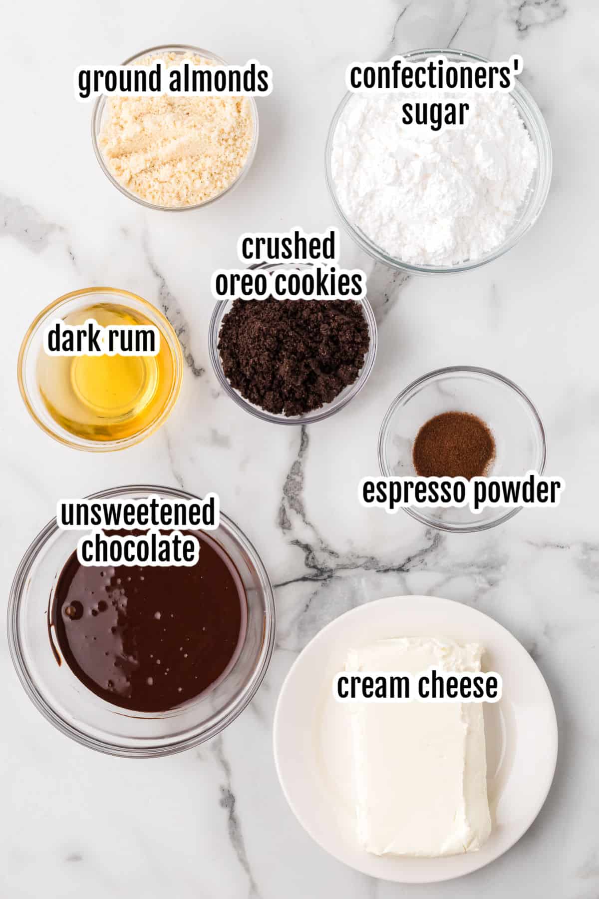 Image of the ingredients needed to make the Chocolate Oreo-covered rum balls. 