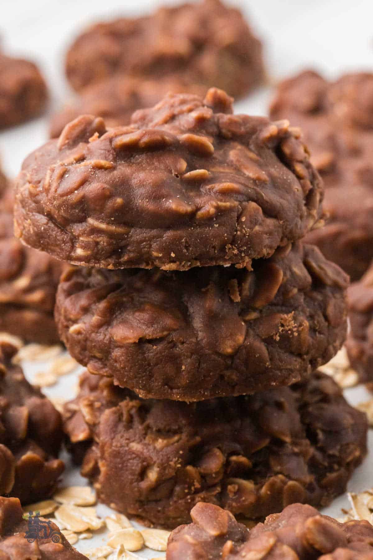 Depression-style no-bake chocolate oatmeal cookies in three-stack high. 