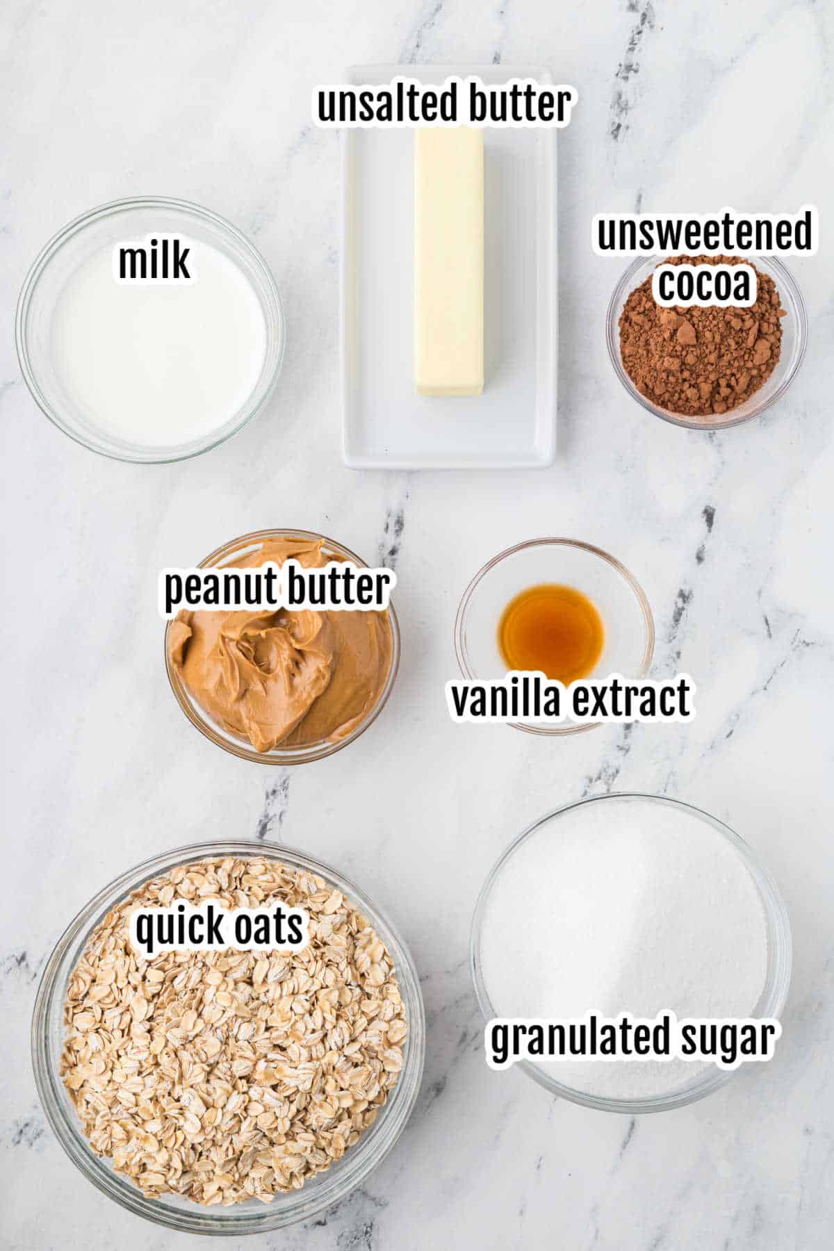 Image of the ingredients needed to make the no-bake Chocolate Oatmeal Cookies recipe. 