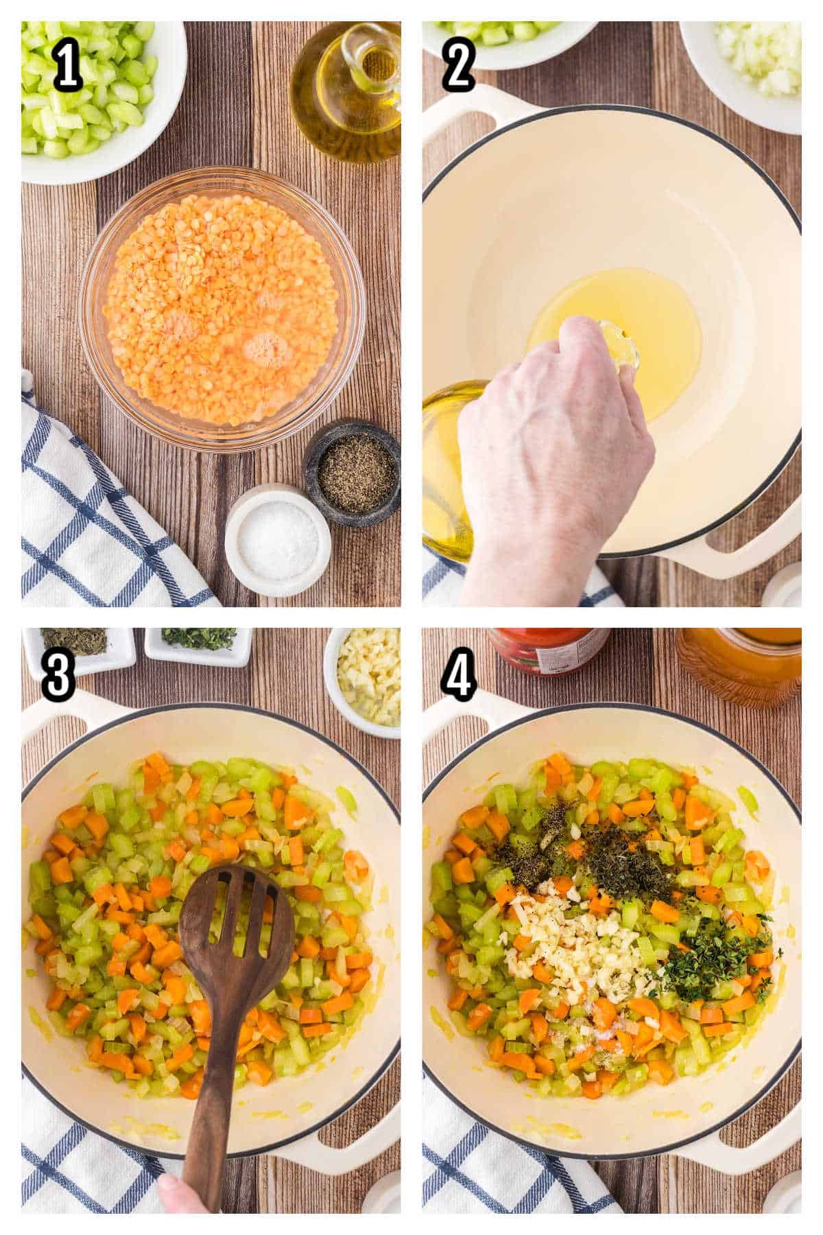 The first collage features the first four steps to making the lentil Bolognese recipe. 