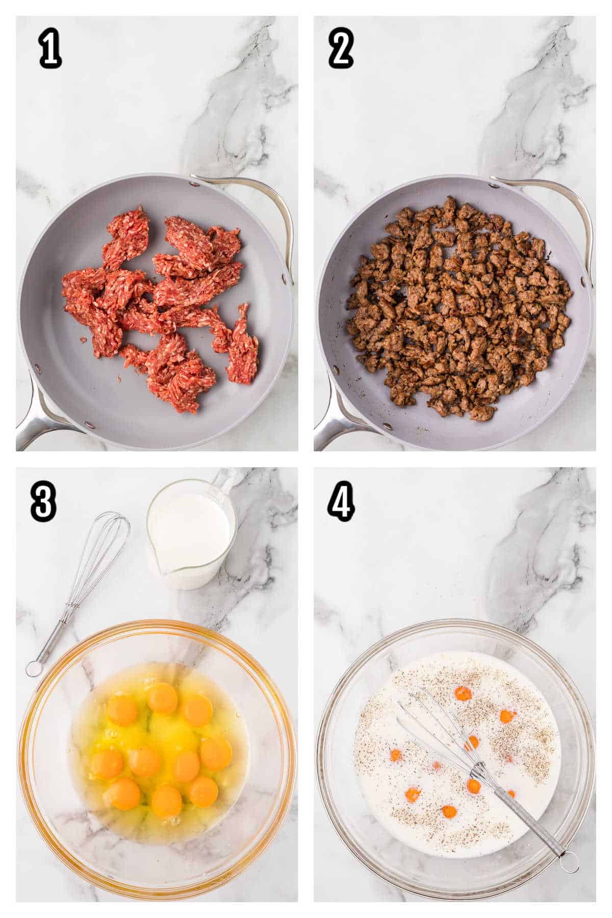 The First collage features the first four steps to making the breakfast egg casserole. 