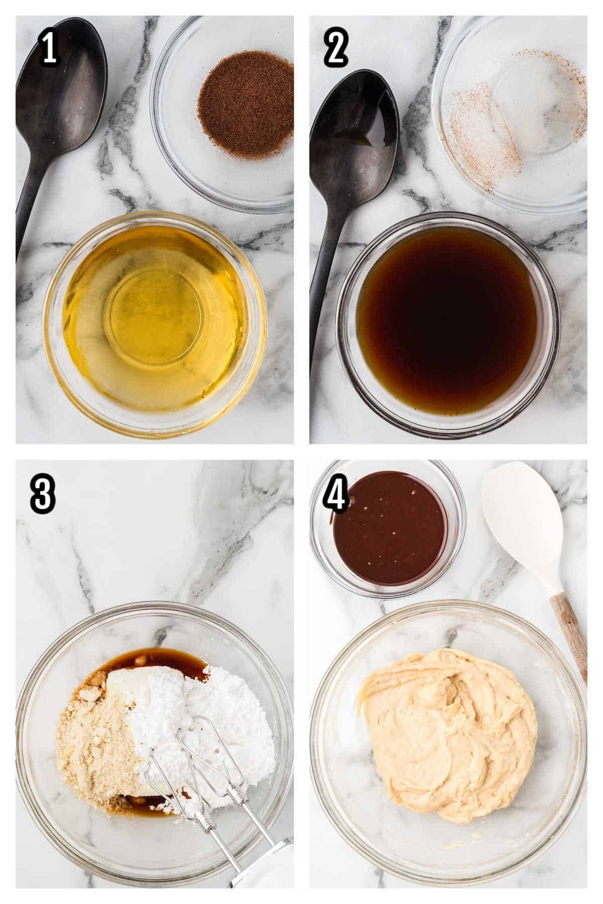 A collage of the first four steps to preparing the ingredients for the Chocolate Rum Balls. 