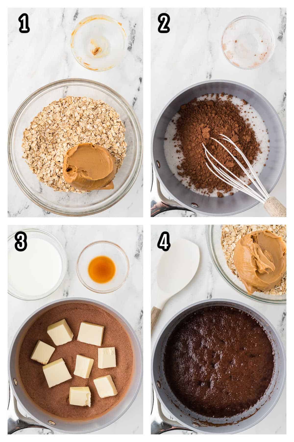 A collage featuring the first four steps to making the oatmeal chocolate no bake cookies recipe. 