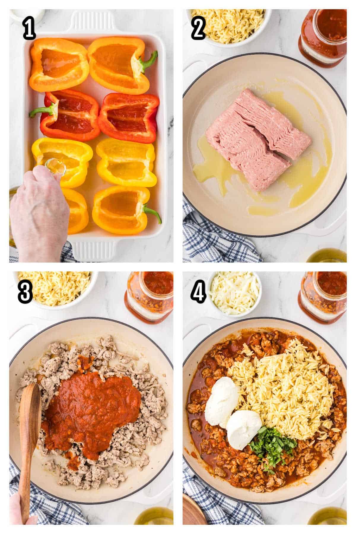 A collage features the first four steps to preparing the bell peppers and filling for the vegetable stuffing. 