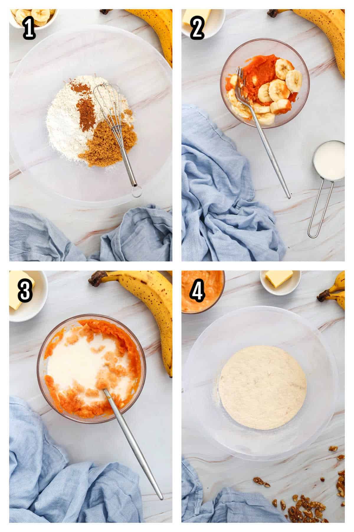 The first four steps to preparing the breakfast pancakes made with bananas and pumpkin.