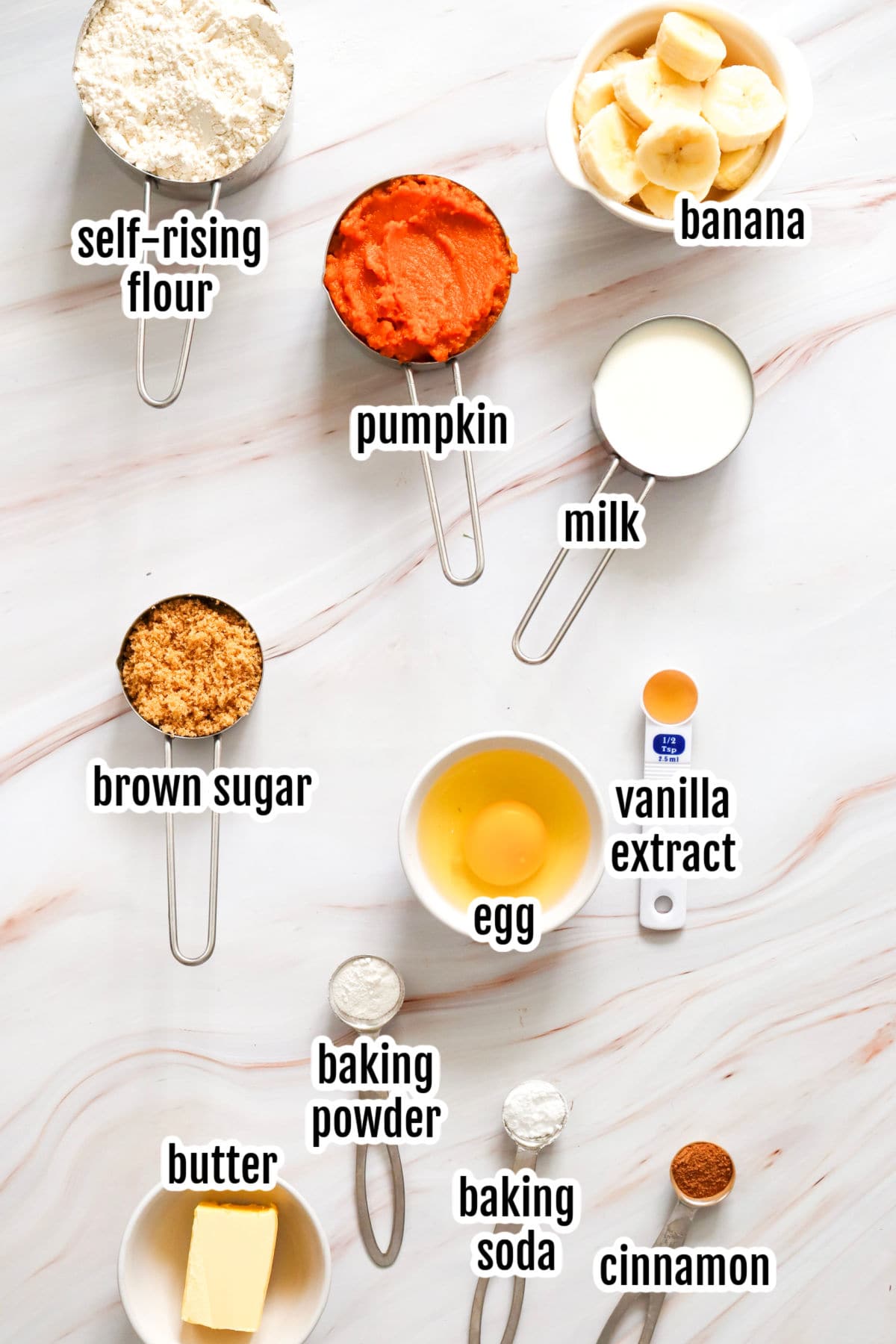 Image of the ingredients needed to make the pumpkin banana pancakes recipe.