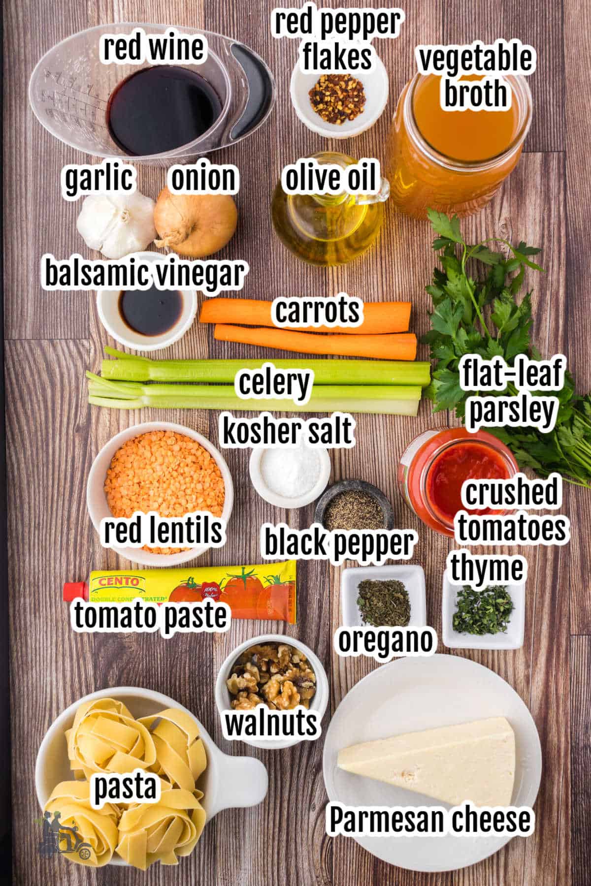 Image of the ingredients necessary to make a meatless lentil bolognese recipe.