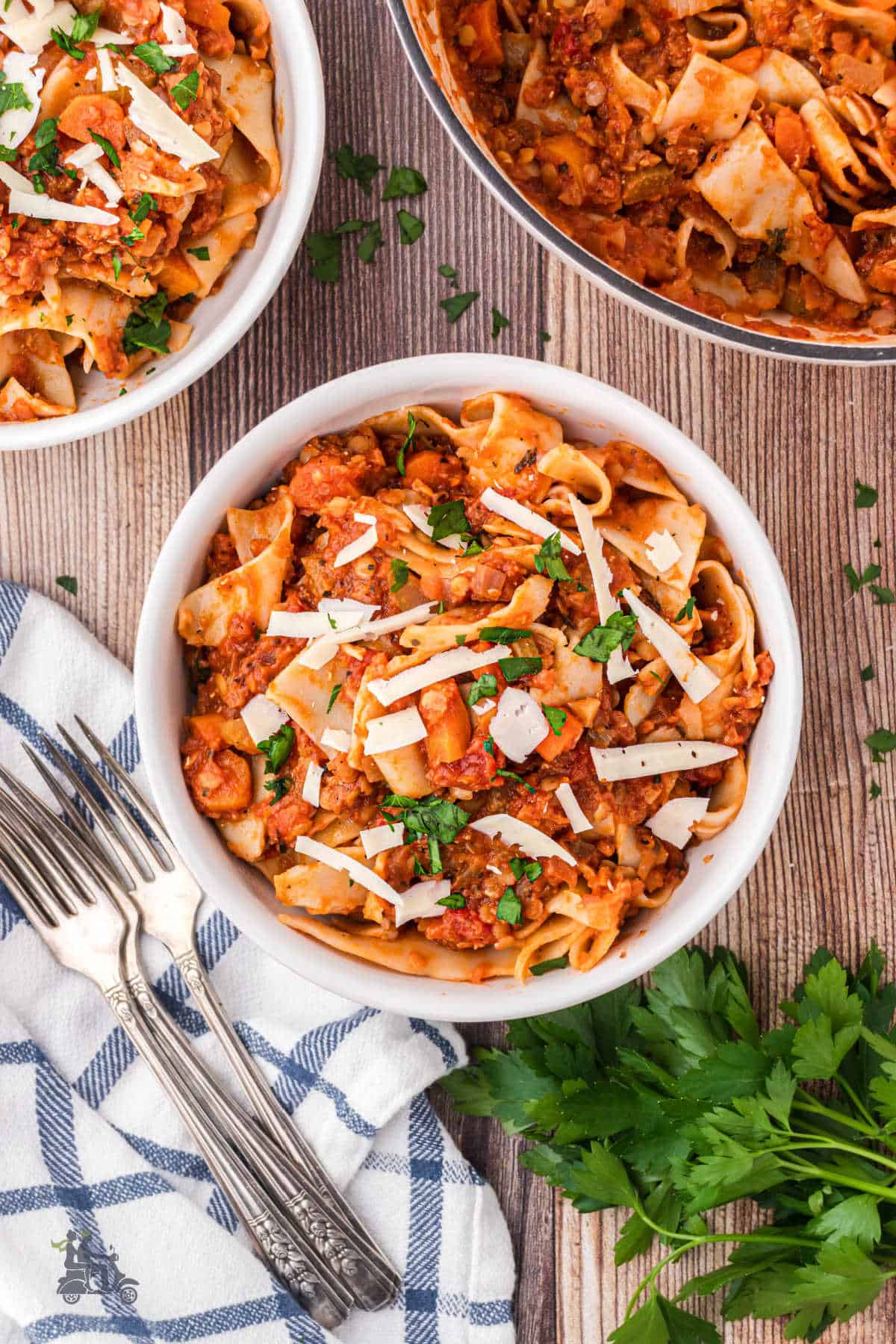 A plant-based red pasta sauce made with lentils and tossed with pappardelle noodles.  