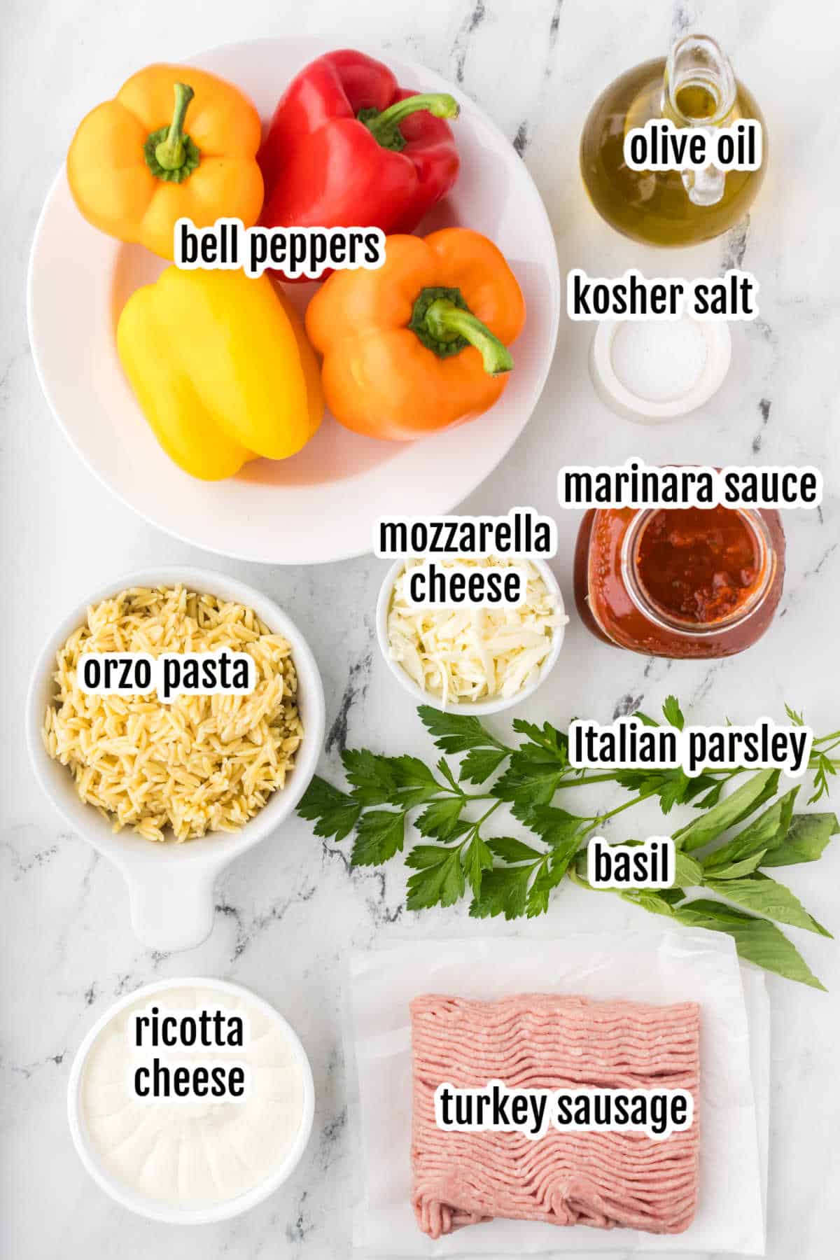 Image of the ingredients needed to make the stuffed belle peppers with orzo pasta and turkey sausage. 