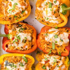 Colored bell peppers stuffed with ground turkey and orzo pasta tossed with delicious herbs and seasonings.