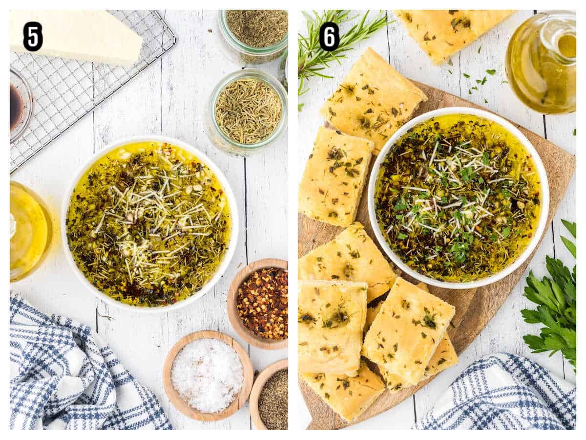 Collage of the final two steps in the Italian garlic olive oil dip for bread recipe. 