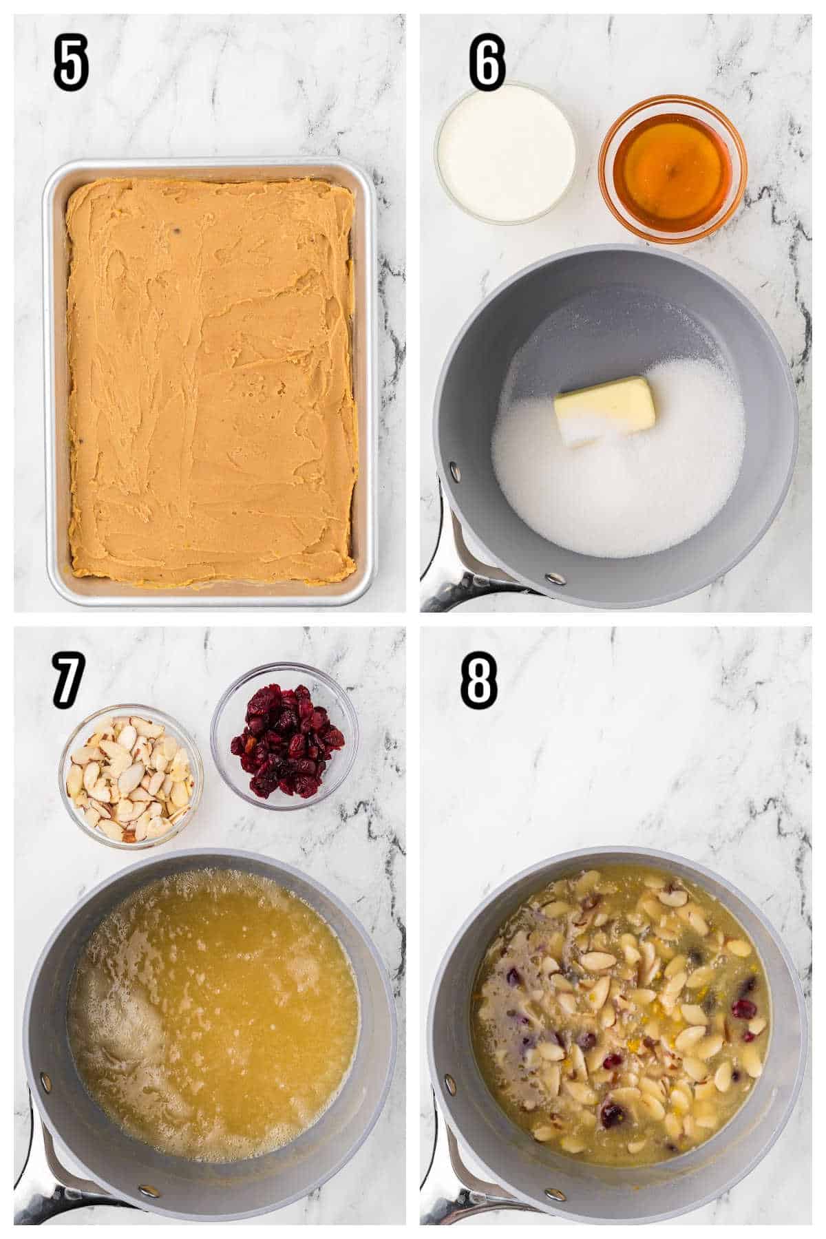 A Collage featuring steps five through eight for the Italian Florentine bars recipe. 