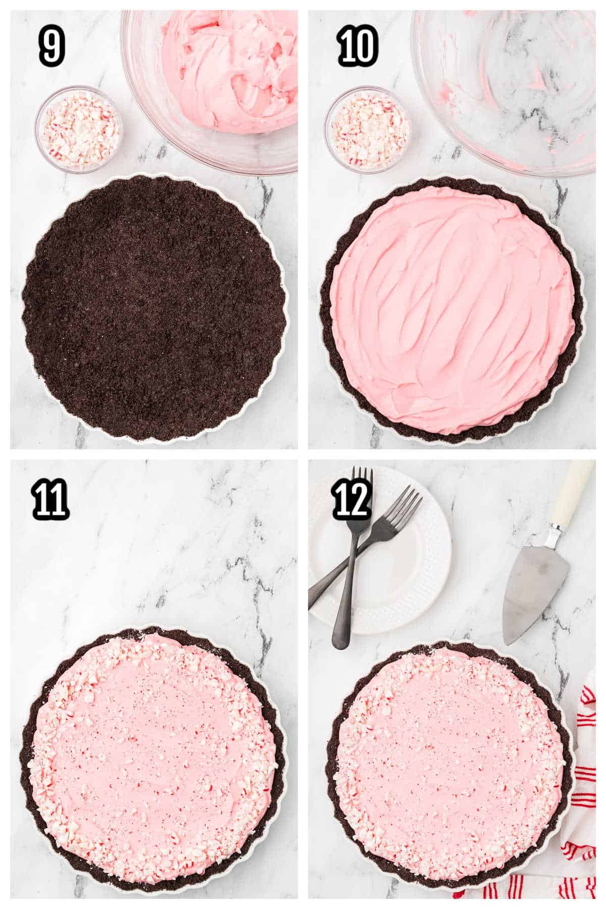 The third collage features steps nine through twelve to finish the Frozen Candy cane pie with chocolate cookie crust recipe. 