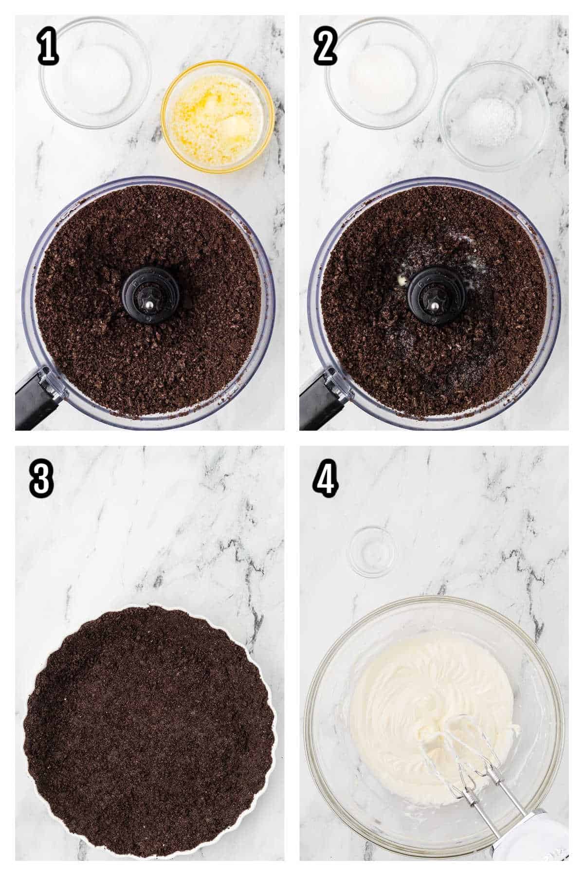 A collage features the first four steps to making the frozen peppermint candy cane pie recipe. 