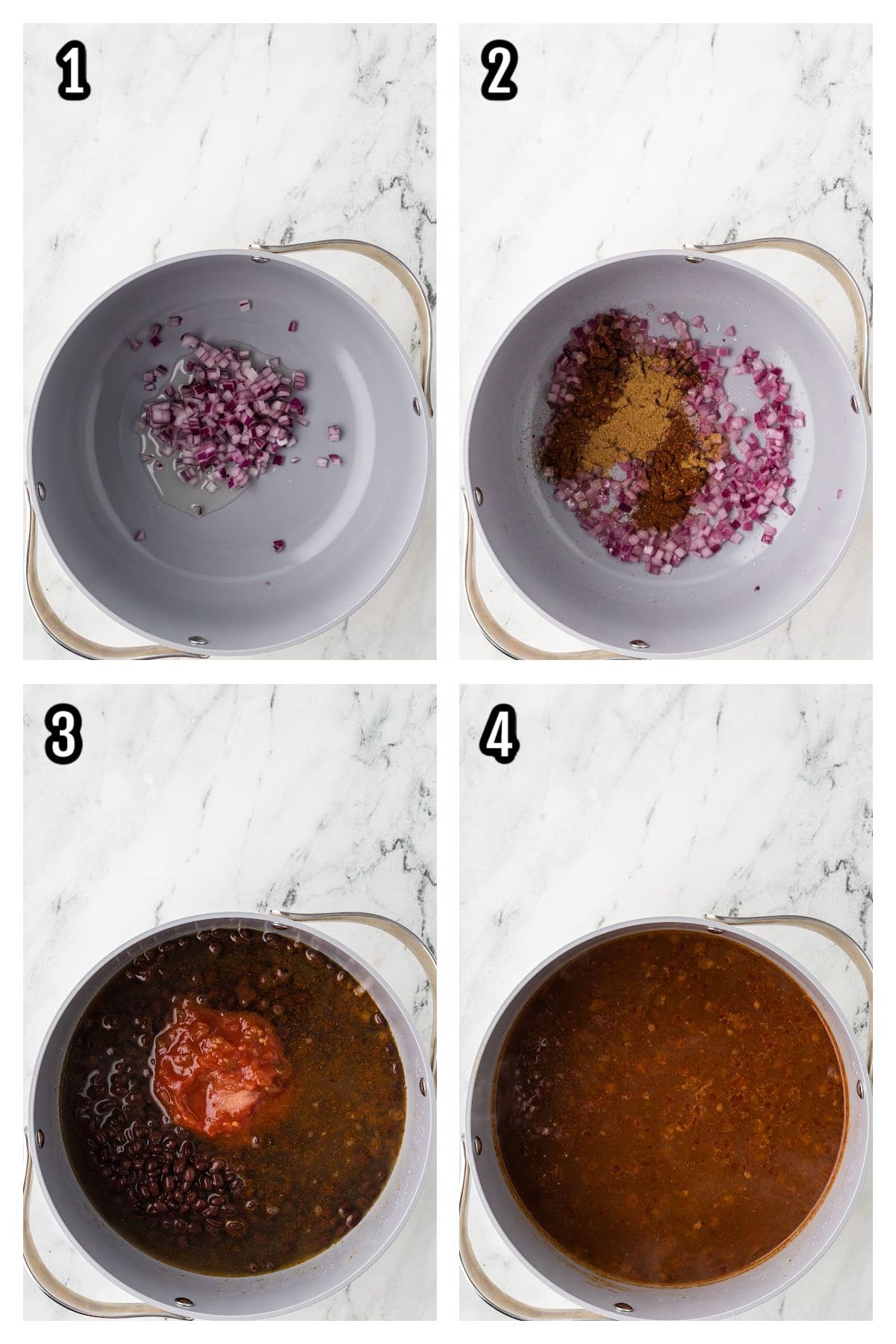 A collage features the first four steps to making the soup recipe with black beans. 